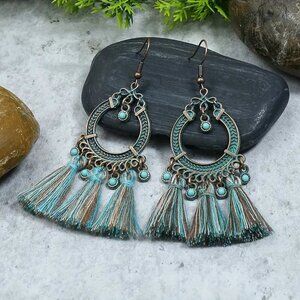 NEW pair BOHO tassel turquoise and bronze earrings, trendy vintage jewelry